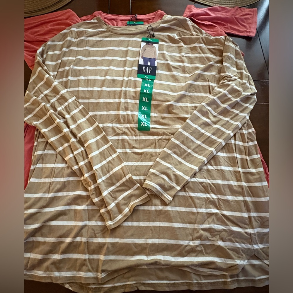 2 Gap Tops —GAP Coral Long Sleeve Shirt & Beige Striped Long Sleeve Shirt.   NWT